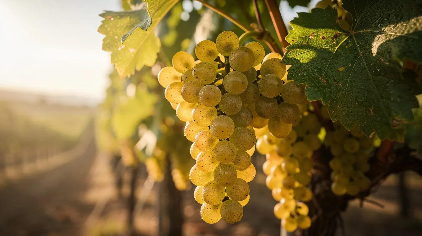 Reife Chardonnay-Trauben hängen leuchtend im Sonnenlicht an der Rebe in einem malerischen Weinberg. Diese Trauben sind ein wichtiger Bestandteil des Prozesses der Weinbereitung, der durch die biologische Säureabbau und die Umwandlung von Äpfelsäure in Milchsäure durch Milchsäurebakterien wie Oenococcus oeni geprägt ist.