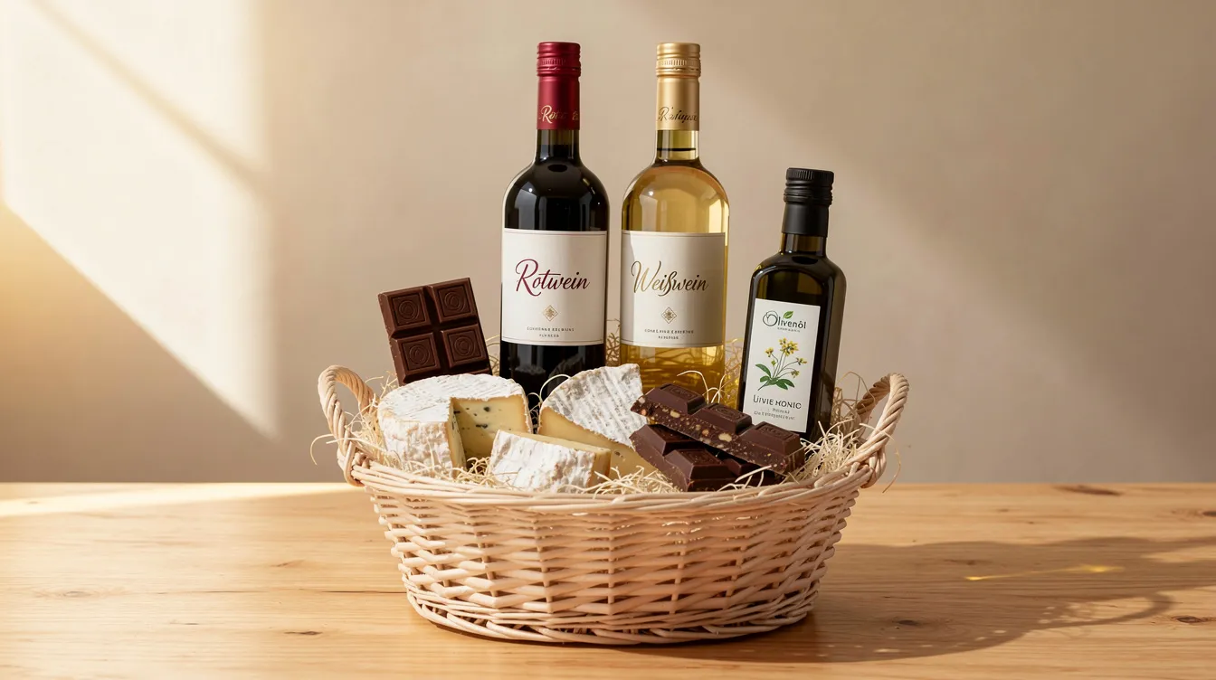 Der Geschenkkorb enthält zwei Weinflaschen, verschiedene Käsestücke, köstliche Schokolade und hochwertiges Olivenöl, alles arrangiert auf einem hellen Holztisch. Dieses stilvolle Präsent eignet sich hervorragend als weingeschenk für Weinfreunde und Geschäftspartner.
