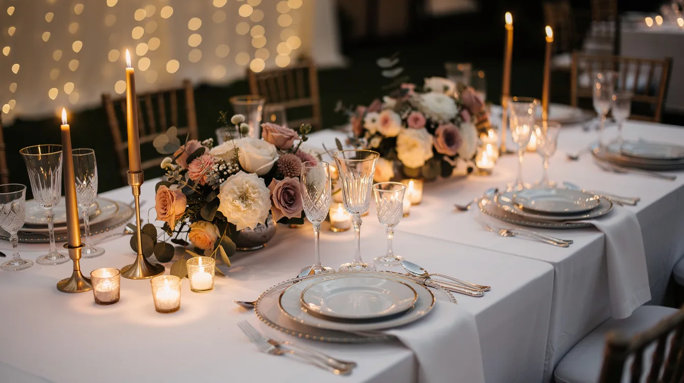 Ein elegant gedeckter Hochzeitstisch, geschmückt mit Weingläsern, Kerzen und buntem Blumenschmuck in warmen Farbtönen, bietet eine festliche Atmosphäre für das Brautpaar und die Hochzeitsgäste. Die liebevolle Dekoration und die Auswahl an Weinen tragen zur Freude und zum Genuss während der Feier bei.