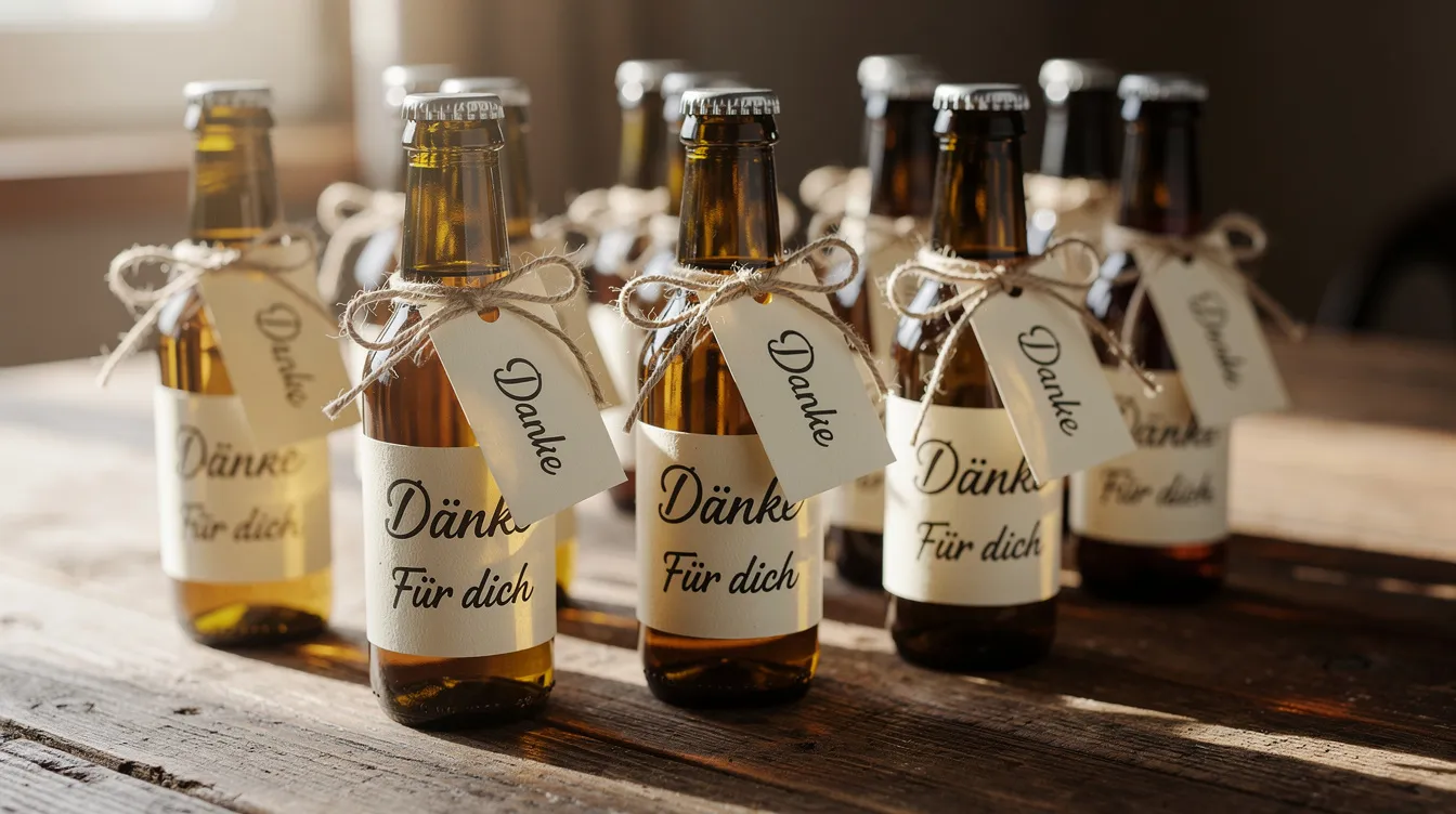 Auf einem rustikalen Holztisch stehen kleine personalisierte Weinflaschen, die mit handgeschriebenen Etiketten als Gastgeschenke für die Hochzeitsgäste dekoriert sind. Diese liebevollen Details verleihen der Hochzeitsfeier eine besondere Note und erfreuen das Brautpaar sowie die Gäste.