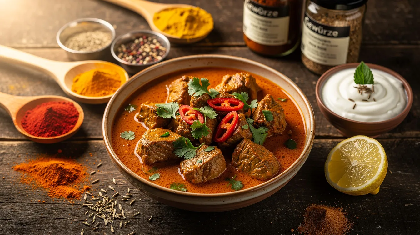 Das Bild zeigt eine bunte Schale mit indischem Lamm-Curry, das reich an Gewürzen ist, und daneben steht ein Becher Joghurt. Diese Kombination aus Lammgericht und Joghurt eignet sich hervorragend als Begleiter zu verschiedenen Weinen, insbesondere Rotwein wie Pinot Noir oder Cabernet Sauvignon.