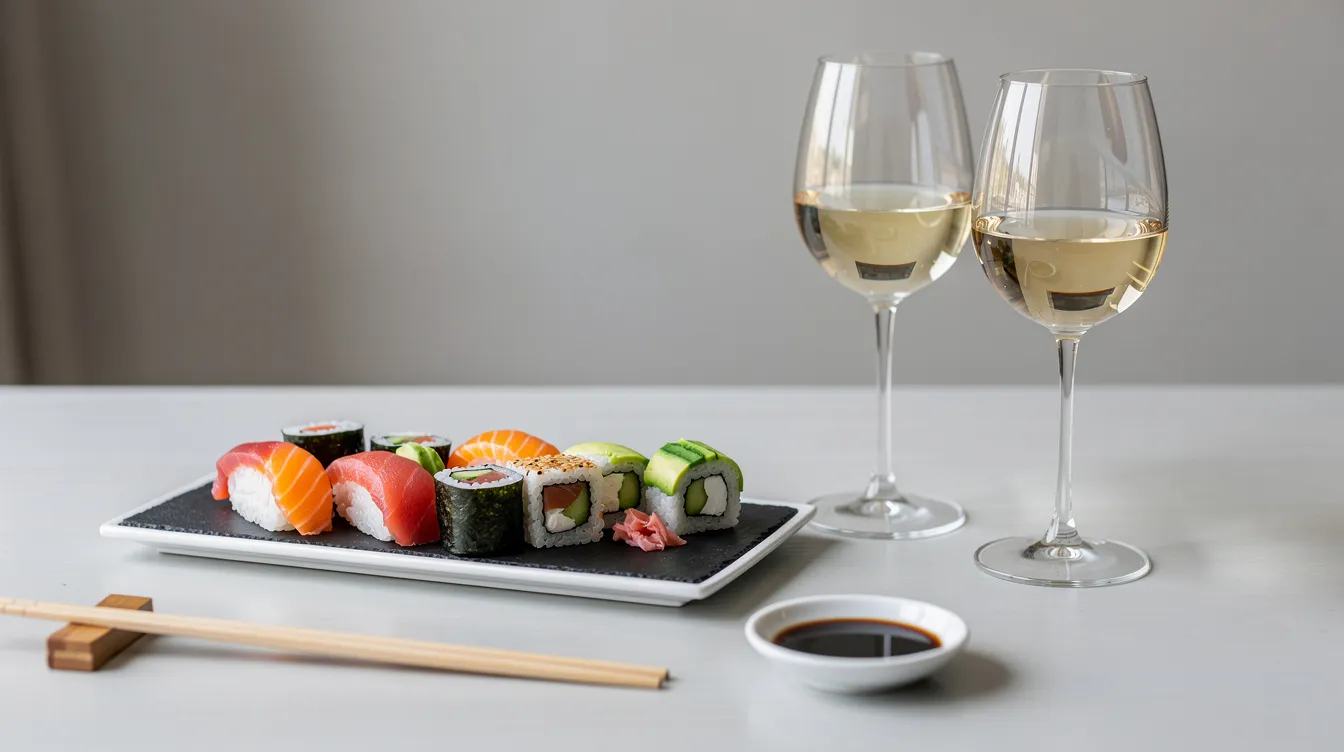 Auf dem minimalistisch gedeckten Tisch liegt eine ansprechend angerichtete Sushi-Platte mit verschiedenen Sushi-Varianten wie Lachs Nigiri und California Rolls, neben zwei gefüllten Weingläsern, die eine harmonische Weinbegleitung zu den frischen Aromen des Sushi bieten. Die Kombination aus Sushi und Wein lädt zu einem genussvollen Abendessen ein.