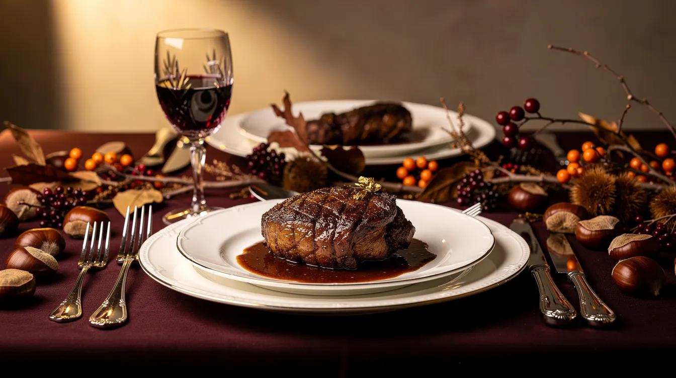 Ein elegant gedeckter Tisch präsentiert einen saftigen Wildbraten, begleitet von einem Glas Rotwein, umgeben von herbstlicher Dekoration mit Kastanien und Beeren. Diese Szene vermittelt den perfekten Genuss von Wildgerichten, ideal kombiniert mit einem kräftigen Pinot Noir oder Merlot.
