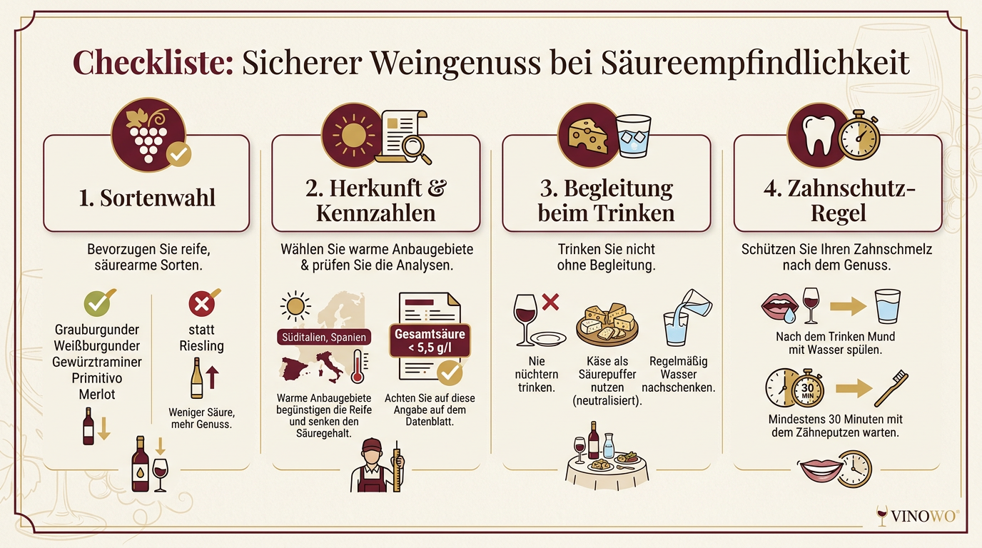 Infografik: Checkliste: Sicherer Weingenuss bei Säureempfindlichkeit