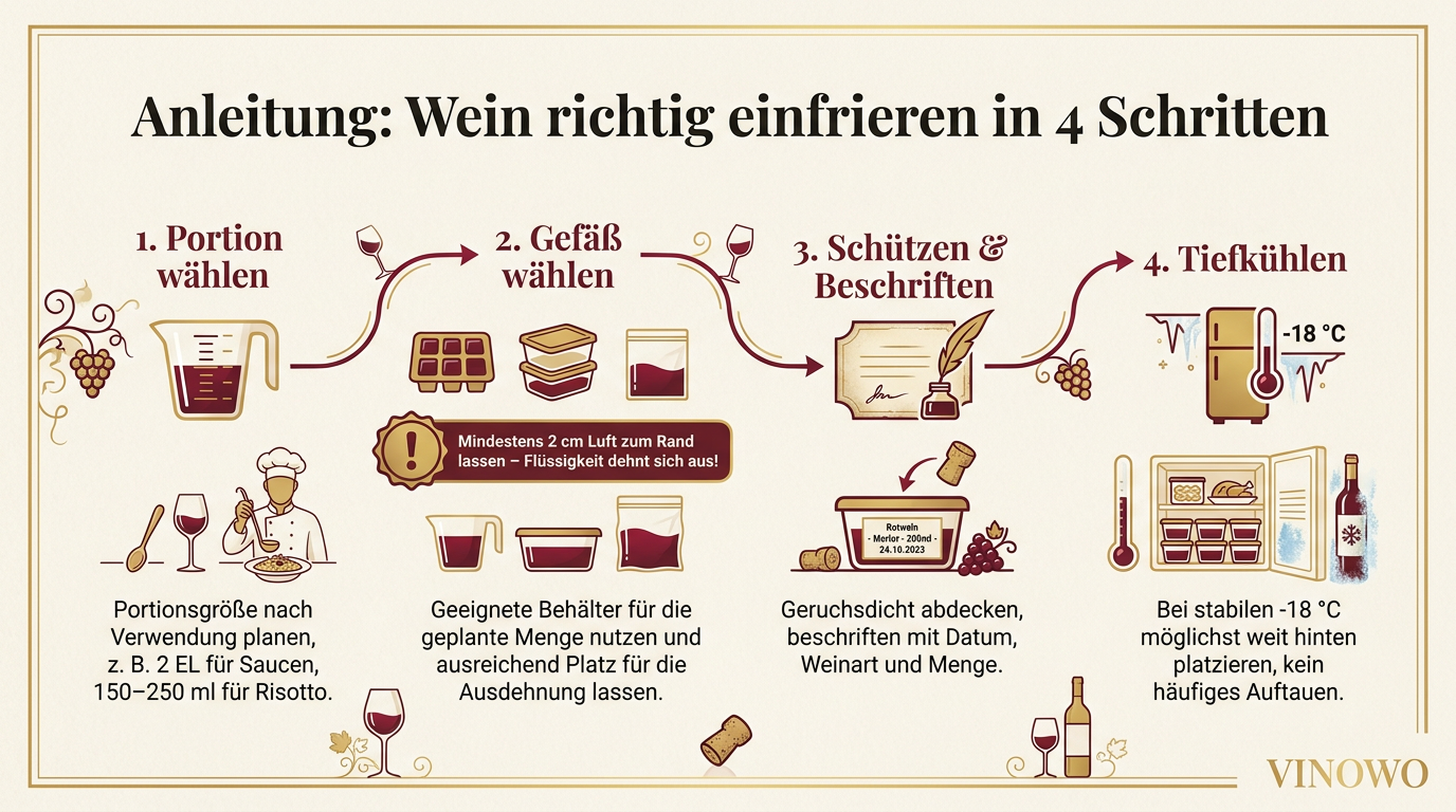 Infografik: Anleitung: Wein richtig einfrieren in 4 Schritten