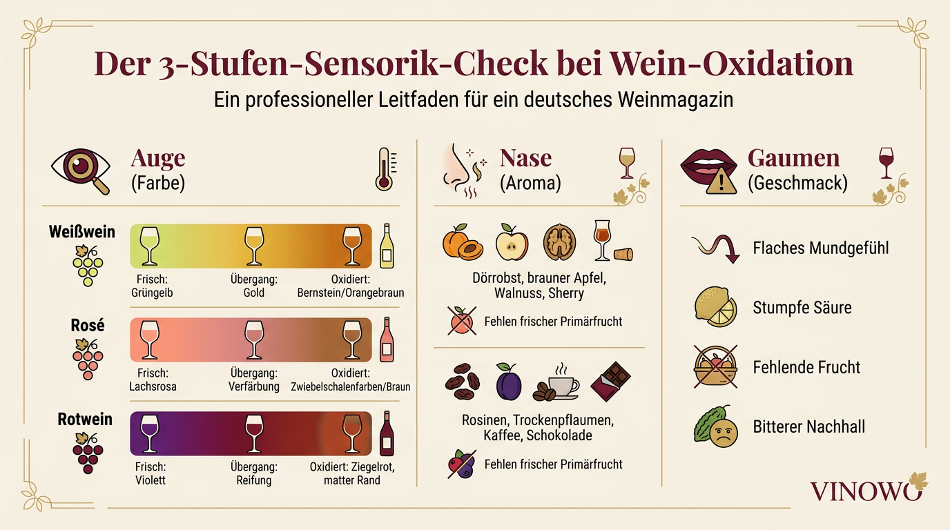Infografik: Der 3-Stufen-Sensorik-Check bei Wein-Oxidation