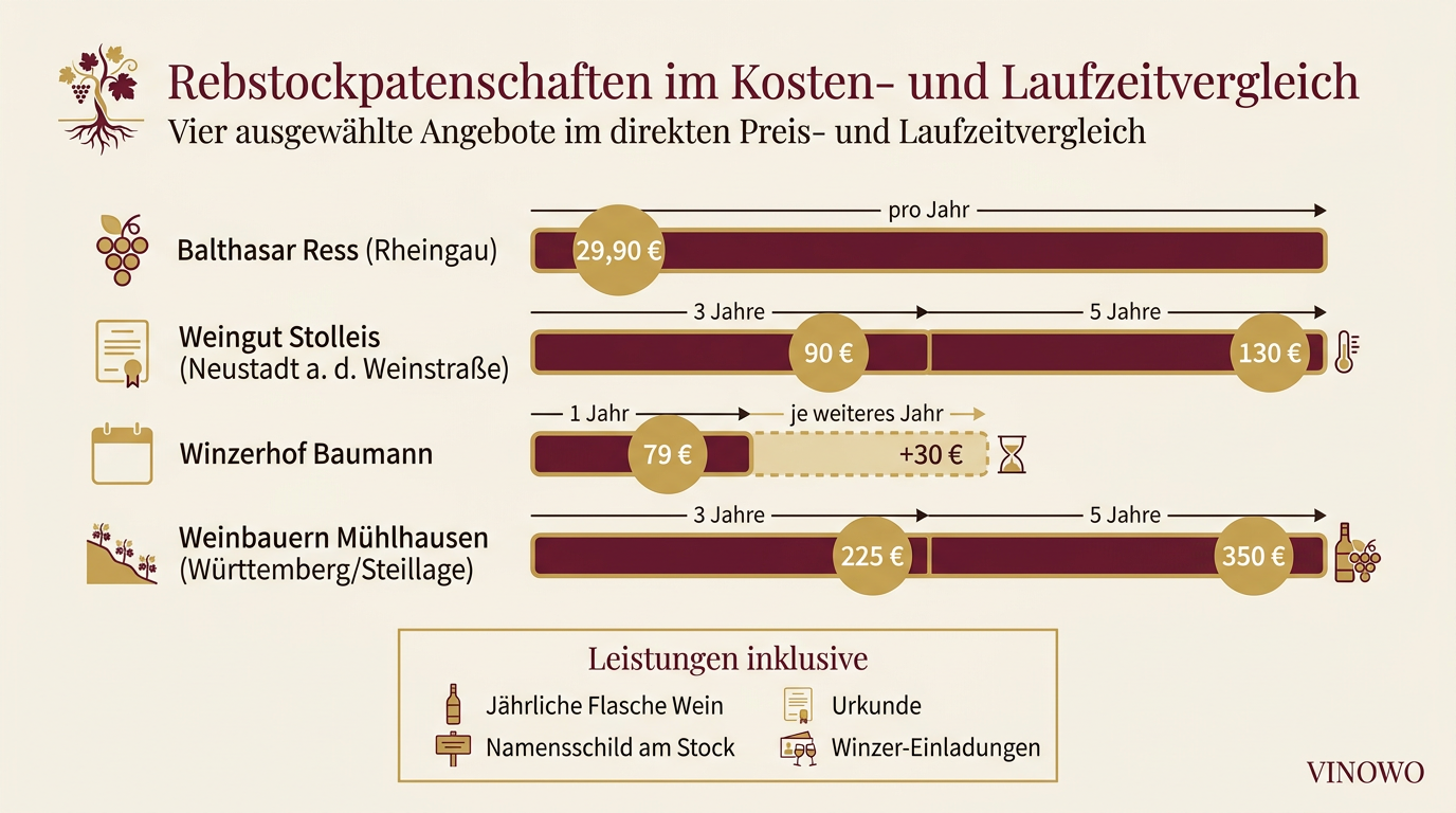 Infografik: Rebstockpatenschaften im Kosten- und Laufzeitvergleich