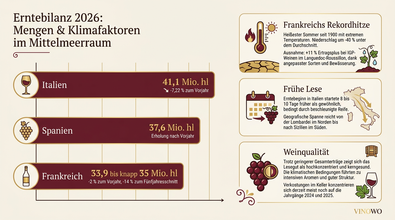 Infografik: Erntebilanz 2026: Mengen & Klimafaktoren im Mittelmeerraum