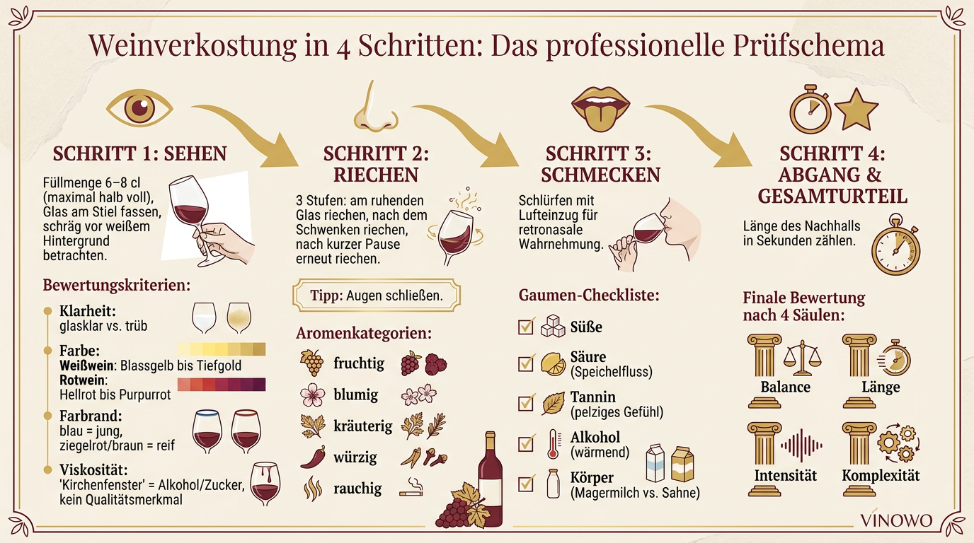 Infografik: Weinverkostung in 4 Schritten: Das professionelle Prüfschema