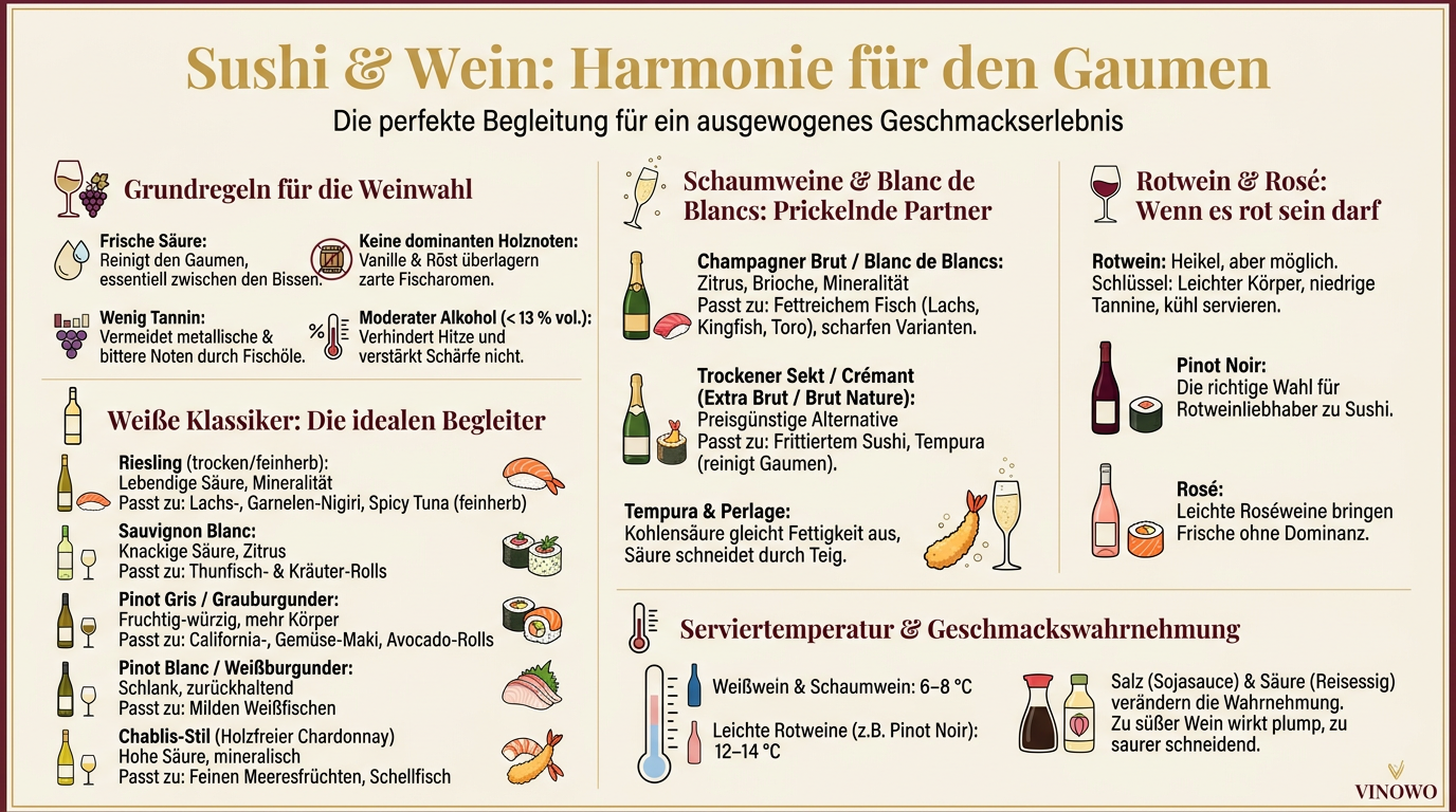 Infografik: Sushi und Wein, passende Begleiter und Serviertemperaturen