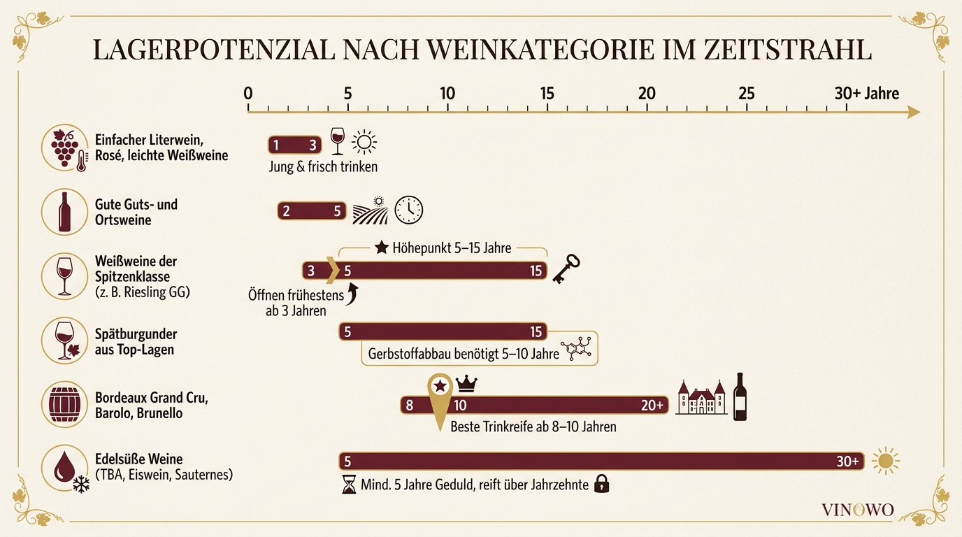 Infografik: Lagerpotenzial nach Weinkategorie im Zeitstrahl
