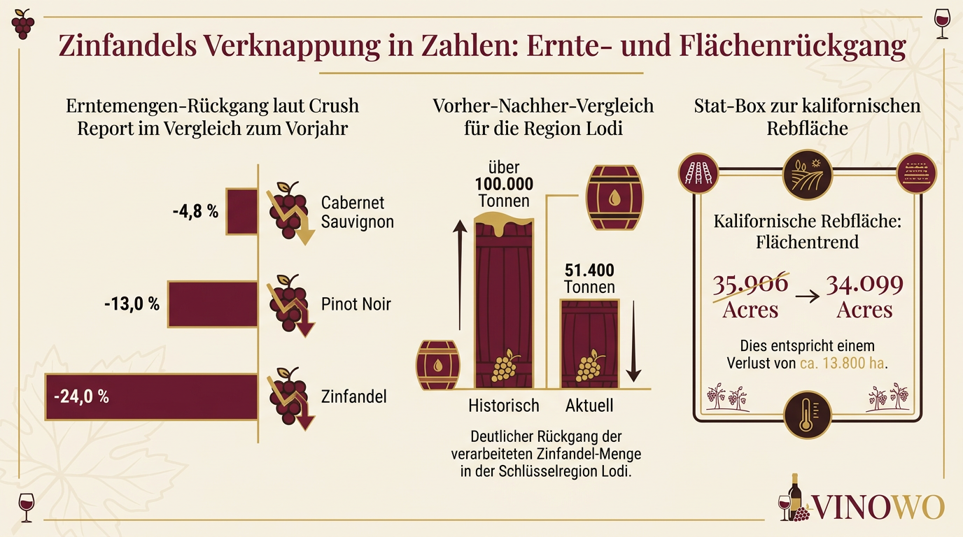Infografik: Zinfandels Verknappung in Zahlen: Ernte- und Flächenrückgang