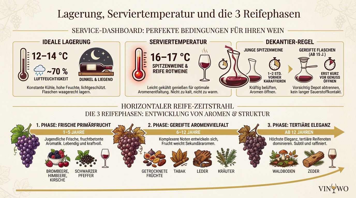Infografik: Lagerung, Serviertemperatur und die 3 Reifephasen
