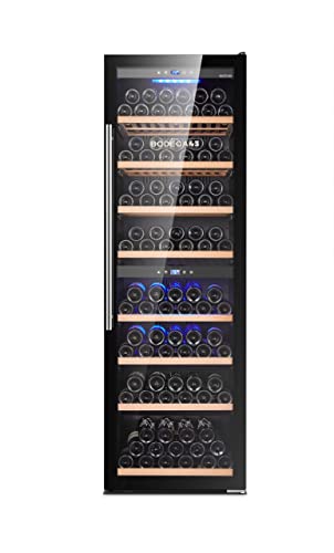 BODEGA43-180 Weinkühlschrank Freistehend Groß - Weinklimaschrank mit 2 Zonen, 5-20 ºC, 480 Liter, 180 Flaschen, 8 Regaleinschübe, Vollglas-Designtür, Geräuscharm (41 dB) & sehr vibrationsarm, Schwarz