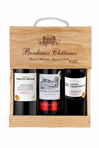 Wein Geschenk Selection Bordeaux - Wein Set Rotwein mit Goldmedaille in Holzkiste - Ideal als Geschenk - Herkunft : Bordeaux, Frankreich (3 x 0.75 l)