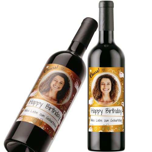 Flaschenetikett personalisiert mit Foto & Text | Premium Aufkleber-Set | Goldeffekt-Folie | Weinflaschen Etikett personalisiert (Layout 1)