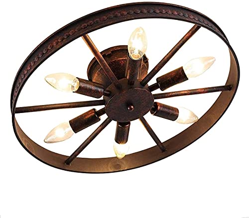 LanTing Retro Deckenlampe Rad Deckenleuchte Industrial Vintage Schlafzimmer Wohnzimmer Lampe 6 Flammig Kronleuchter aus Eisen für Restaurant Hotel Cafe Deckendeko Rund Ø46cm E14 Fassung max 60W,Rost