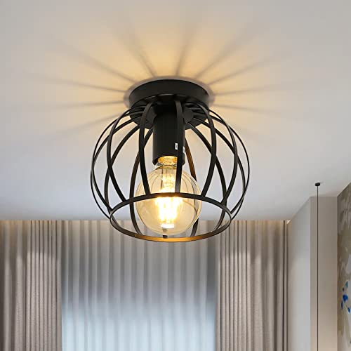 Pheashine Vintage Deckenleuchte,Schwarz Semi Unterputz Deckenleuchte,Metallkäfig Deckenlampenschirm mit E27 Halter für Wohnzimmer Küche Schlafzimmer Flur Innenhof