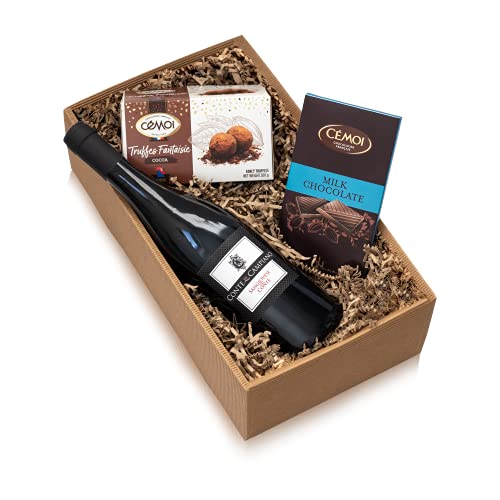 Präsentkorb „Gaumenfreude“ Italienischer Rotwein Sangiovese und französische Schokoladentrüffel und Vollmilchschokolade als Geschenkset