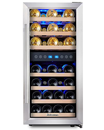 Kalamera Weinkühlschrank 2 Zonen, Edelstahl Glastür, 33 Flaschen(bis zu 310 mm Höhe), 100 Liter, Zwei Temperaturzonen 5-10°C/10-18°C, Freistehend, KRC-33BSS
