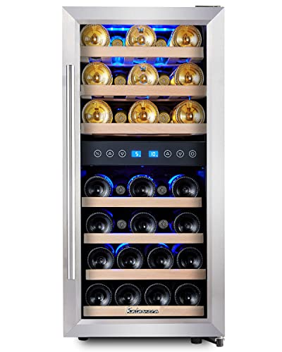 Kalamera Weinkühlschrank 2 Zonen, Edelstahl Glastür, 33 Flaschen(bis zu 310 mm Höhe), 100 Liter, Zwei Temperaturzonen 5-10°C/10-18°C, Freistehend, KRC-33BSS