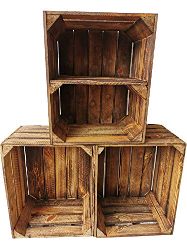 Alte geflammte Obstkisten/Holzkisten 50 x 40 x 30cm in vielen Variationen -Ideal zum Möbelbau oder zur Aufbewahrung- Sehr massiv und stabil verarbeitet (3er Set / 1 Boden Quer)