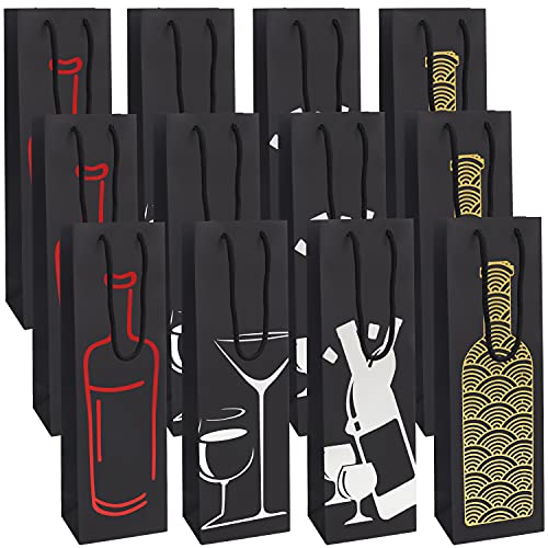 BELLE VOUS Schwarze Wein Geschenktüte (12er Pack) 4 Designs - Flaschendesign Geschenktaschen für Flaschen mit Seilgriffen - Champagner & Weinflaschen Verpackung für Geburtstage, Einweihung & Partys