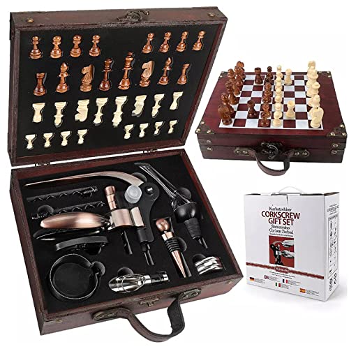 ZBPASL Korkenzieher Set in Holzkiste Geschenk,Luxus Weinöffner,Wein Sommelier Sets mit Flaschenöffner,Weinverschlüsse,Weinzubehör und Schach Geschenkset (Style 01)