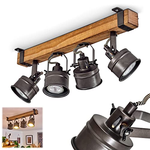 Deckenleuchte Pehefito, Deckenlampe im Vintage-Design aus Metall/Holz in Schwarz/Braun, Retro-Leuchte mit Holzbalken und verstellbaren Strahlern, 4-flammig, 4 x GU10-Fassung, ohne Leuchtmittel