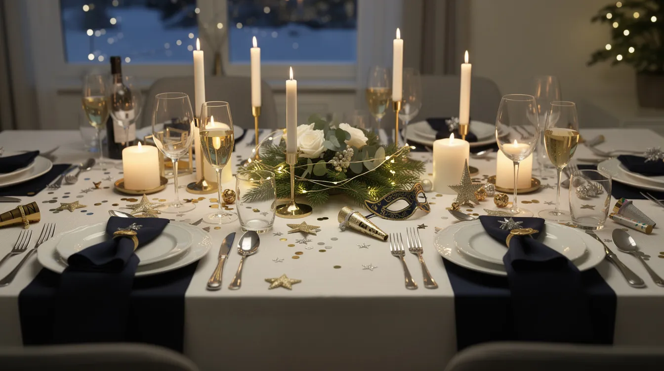 Ein festlich gedeckter Tisch für ein Silvesterdinner, dekoriert mit Weingläsern, Kerzen und bunten Silvester-Dekorationen, lädt dazu ein, mit Freunden und Familie auf den Jahreswechsel anzustoßen. Die Auswahl an Weinen, darunter ein Pinot Noir und ein Riesling, verspricht eine harmonische Weinbegleitung zu den köstlichen Gerichten des Silvestermenüs.