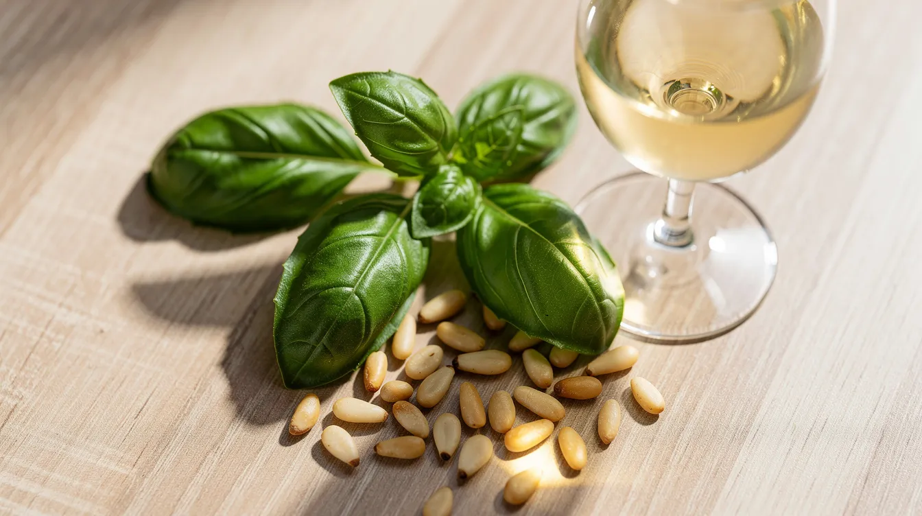 Auf einem hellen Holztisch liegen frische grüne Basilikumblätter und Pinienkerne, während ein Glas heller Weißwein im Vordergrund steht. Diese Kombination könnte perfekt zu Pasta-Gerichten wie Spaghetti Bolognese oder einer sahnigen Sauce passen und bietet köstliche Aromen für ein italienisches Essen.