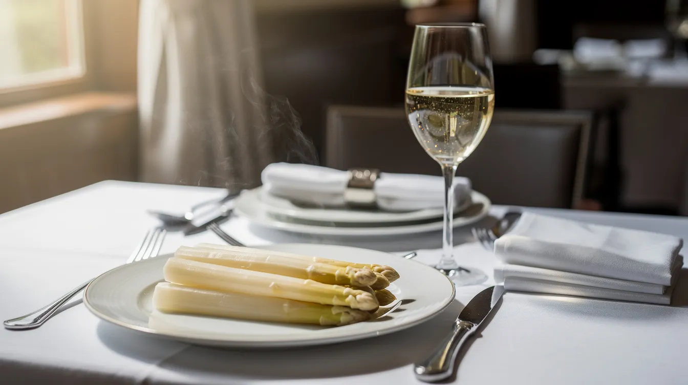 Auf dem Bild ist ein Teller mit geschältem weißen Spargel zu sehen, der elegant auf einer gedeckten Tafel präsentiert wird. Neben dem Teller steht ein gefülltes Weißweinglas, das perfekt zur Spargelzeit passt und ideal für die Kombination mit Spargelgerichten ist.