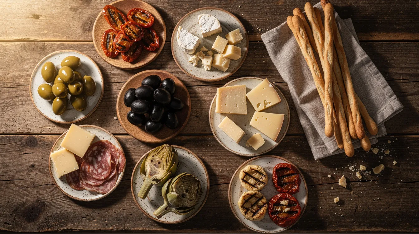 Auf einem rustikalen Tisch liegen verschiedene italienische Antipasti, darunter Oliven, Käse und Grissini, die perfekt für einen geselligen Abend mit Freunden sind. Dazu könnte ein erfrischender Aperol Spritz oder ein Glas Weißwein serviert werden, um den Geschmack dieser leckeren Snacks zu ergänzen.