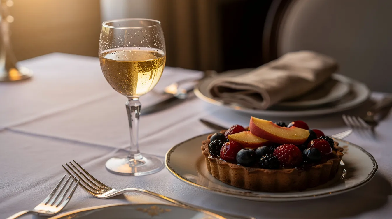 Ein elegantes Glas goldener Eiswein steht neben einer fruchtigen Obsttarte auf einem stilvoll gedeckten Tisch. Der Eiswein, hergestellt aus gefrorenen Trauben, ist eine edelsüße Weinspezialität, die perfekt mit der süßen Tarte harmoniert.