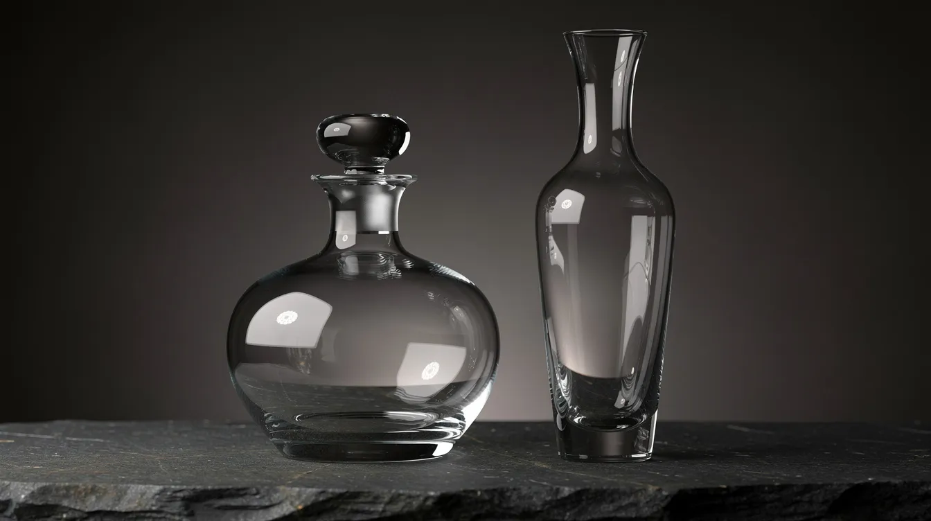 Zwei Glasdekanter stehen nebeneinander auf einer dunklen Steinoberfläche, einer hat eine bauchige Form und der andere ist schlank. Diese Dekanter sind ideal zum Dekantieren von Rotwein oder Weißwein, um den Bodensatz zu entfernen und die Aromen durch Luftkontakt zu entfalten.