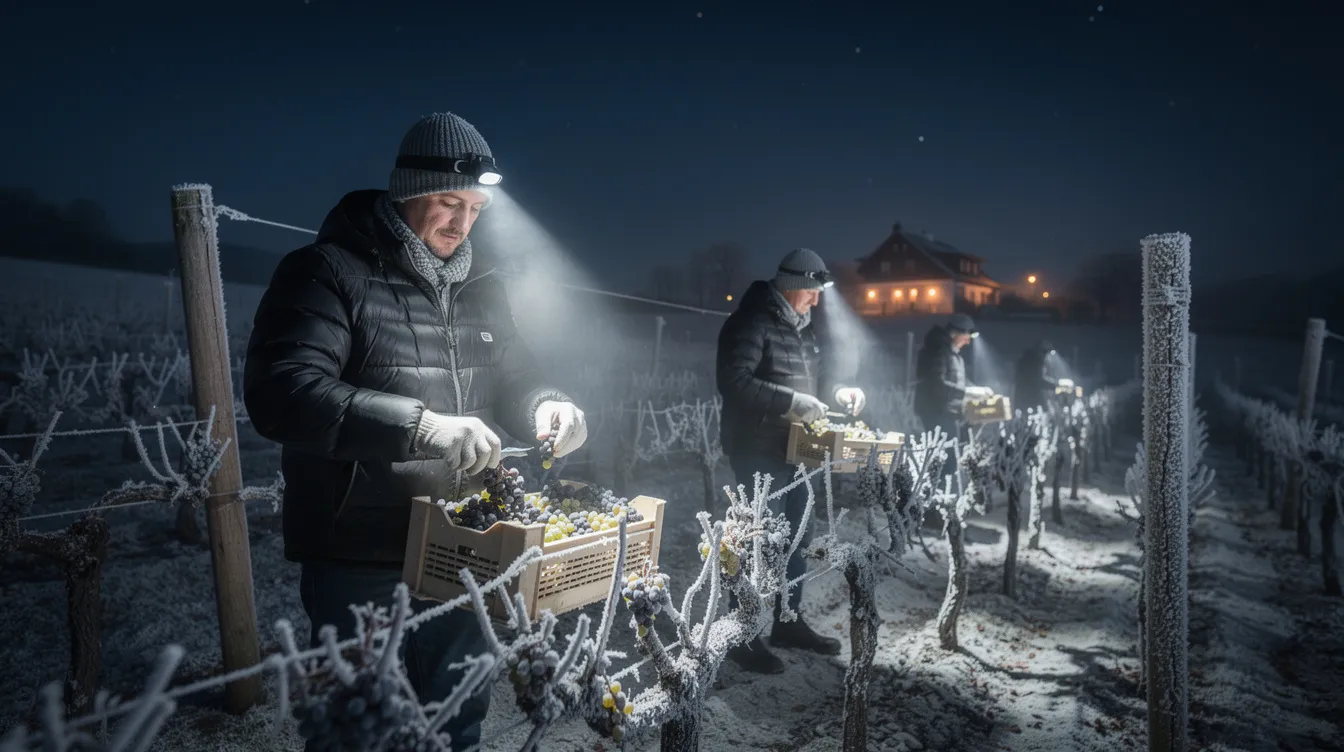 Ein Winzer steht in einem frostbedeckten Weinberg bei der nächtlichen Eisweinlese, ausgestattet mit einer Stirnlampe. Um ihn herum hängen gefrorene Trauben an den Rebstöcken, die für die Herstellung von edelsüßen Weinen wie Eiswein verwendet werden.