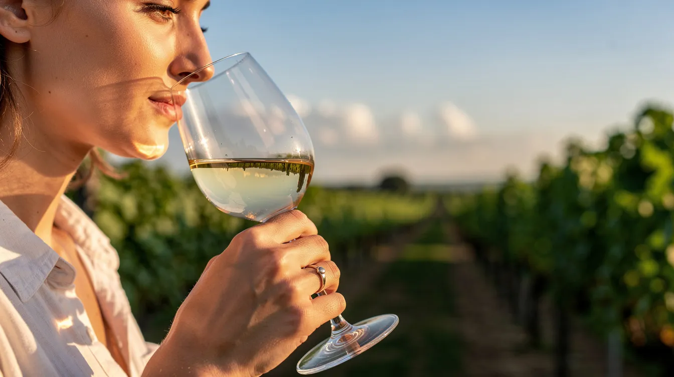 Eine Person riecht an einem Weinglas, während im Hintergrund ein sonniger Weinberg mit grünen Rebzeilen zu sehen ist. Die Szene vermittelt die Aromenvielfalt, die bei einer Weinverkostung erlebt werden kann, und zeigt die Verbindung zur Natur und den Weinanbau.