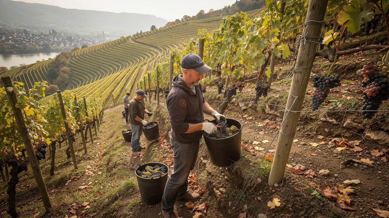 In einem steilen Weinberg während der Weinlesezeit ernten Helfer mit Leseeimern reife Trauben. Diese Szene zeigt den Höhepunkt der Traubenernte, wo Winzer und Winzerinnen sorgfältig die Qualität der Trauben für den Jahrgang prüfen.