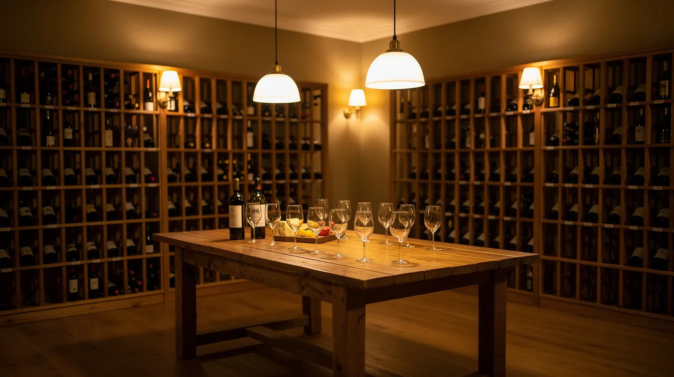 Der gemütliche Verkostungsraum einer Vinothek ist mit Weinregalen gefüllt, während auf einem Holztisch Probiergläser stehen, die von warmem Licht beleuchtet werden. Diese einladende Atmosphäre lädt Weinkenner und Weinliebhaber ein, die Auswahl an Weinen zu genießen und mehr über die verschiedenen Weinsorten zu erfahren.