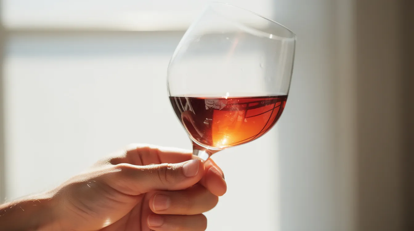 Eine Nahaufnahme zeigt eine Hand, die ein Weinglas gegen das Licht hält, um die Farbe des Weins zu betrachten. Der Wein könnte ein Chardonnay oder Sauvignon Blanc sein, und die Szene vermittelt den Genuss und die Vielfalt von Weinen, die man bei Aldi finden kann.