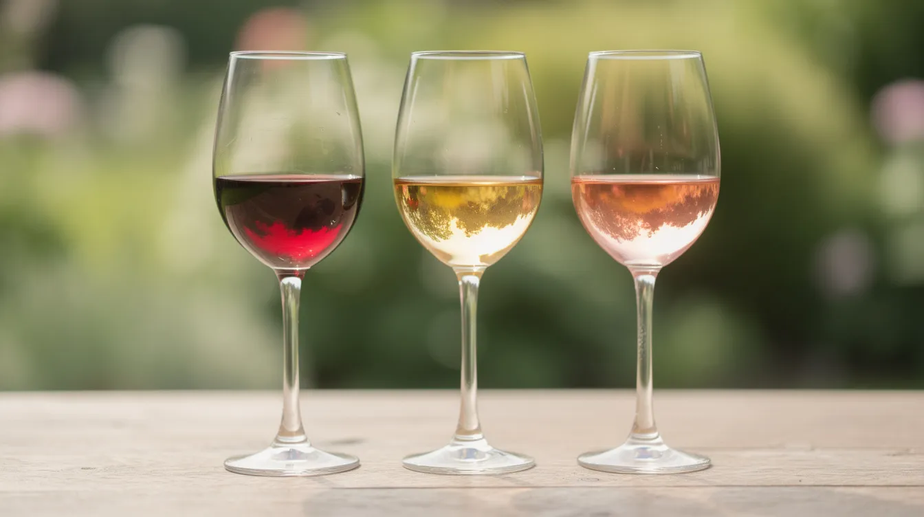 Drei elegante Weingläser stehen nebeneinander, gefüllt mit Rotwein, Weißwein und Rosé, vor einem sanft unscharfen Gartenhintergrund. Diese Weinauswahl könnte perfekt für eine Hochzeitsfeier sein und bietet eine ansprechende Inspiration für das Hochzeitsmenü und die Getränkeauswahl.