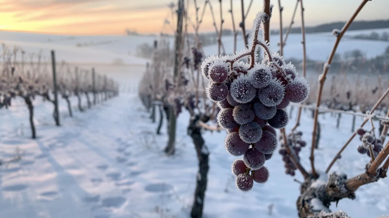 Die gefrorenen Weintrauben hängen an den Rebstöcken in einer malerischen, verschneiten Winterlandschaft, während die ersten Sonnenstrahlen den Himmel erhellen. Diese Trauben könnten für die Herstellung von Eiswein genutzt werden, einer besonderen Art von Prädikatswein, die in Deutschland geschätzt wird.