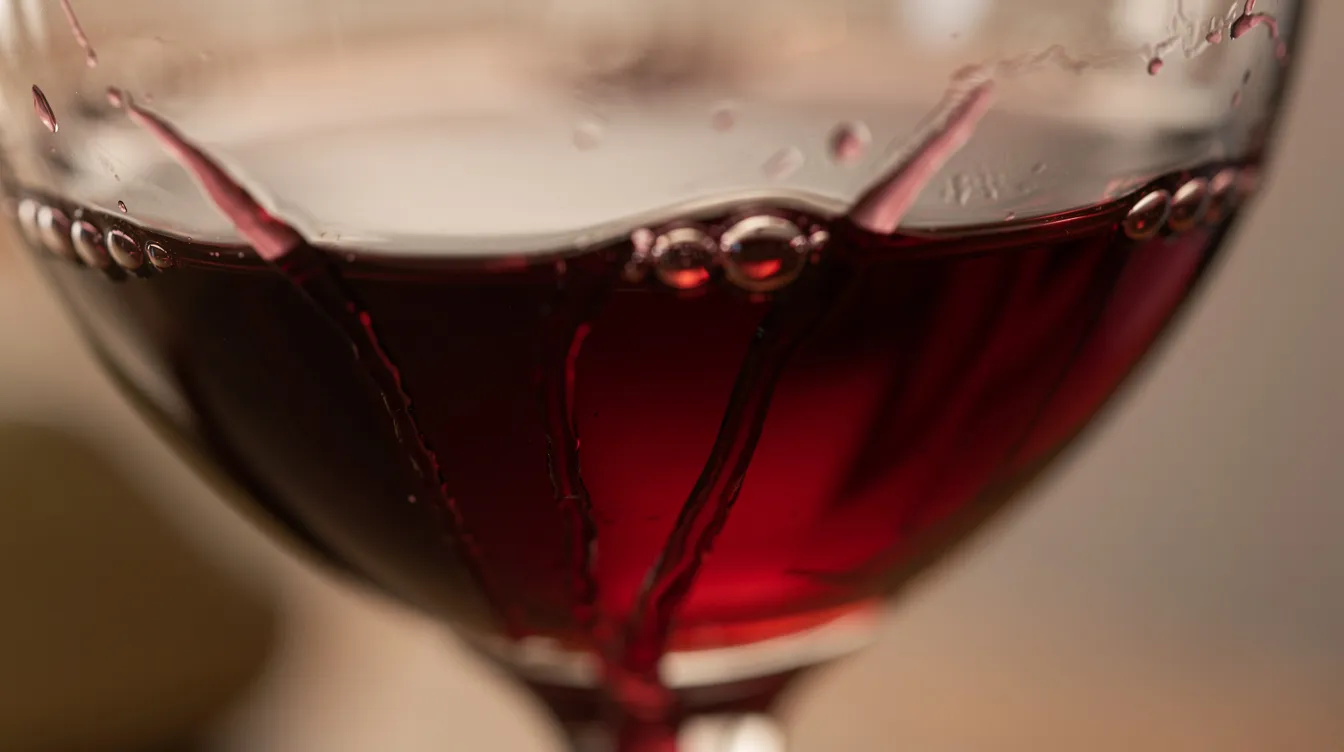 Die Detailansicht zeigt Weintränen und Schlieren, die langsam an der Innenseite eines Weinglases herablaufen. Diese Bewegung der Flüssigkeit verdeutlicht die Viskosität und Qualität des Weins, während die Aromen und Duftstoffe durch die Belüftung zur Geltung kommen.