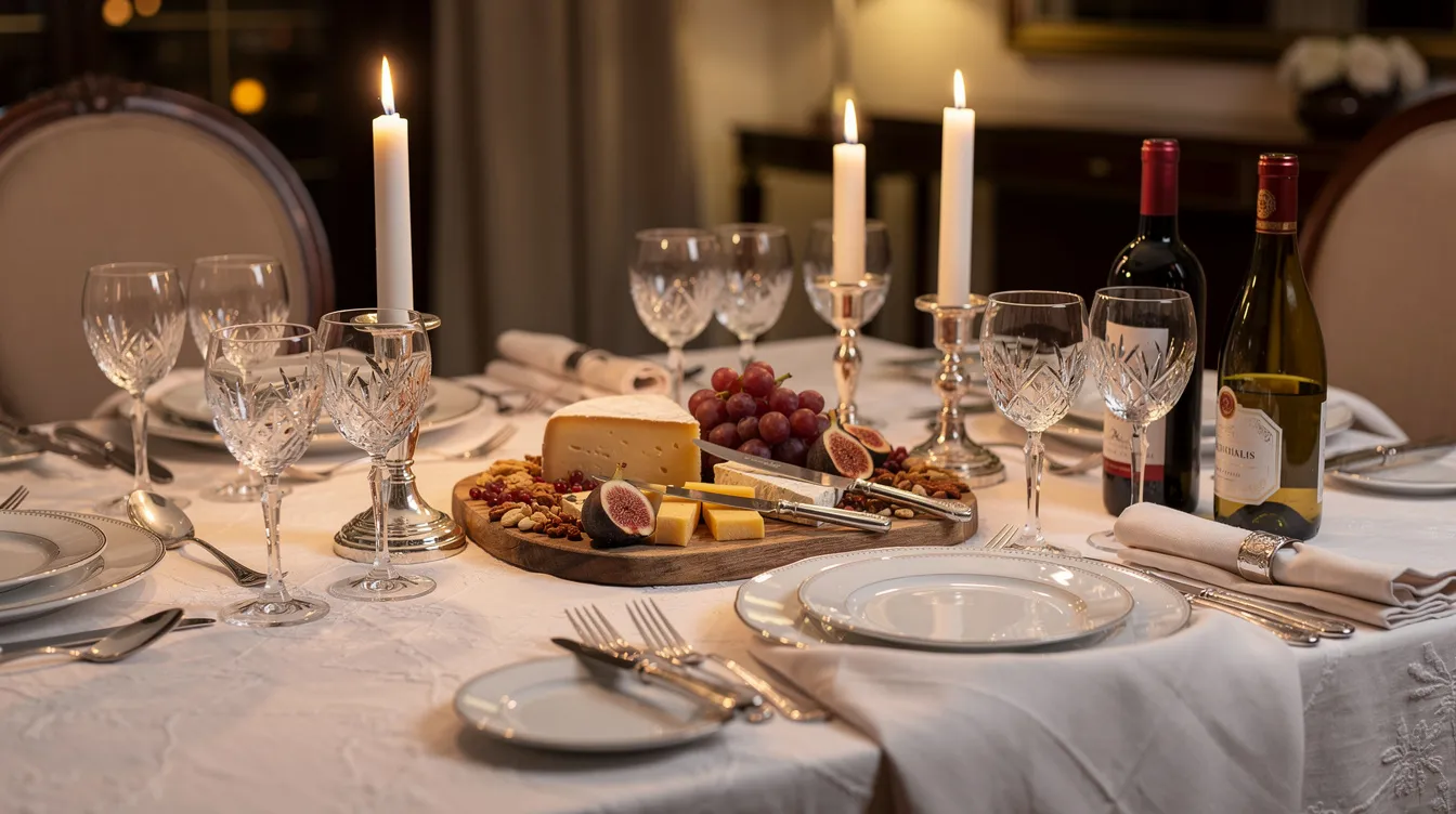 Ein elegant gedeckter Tisch zeigt mehrere Weingläser, Kerzen und eine kunstvoll angerichtete Käseplatte mit verschiedenen Käsesorten. Diese harmonische Anordnung lädt dazu ein, die perfekten Wein und Käse Kombinationen zu entdecken und die feinen Aromen von Weißwein und Rotwein zu genießen.