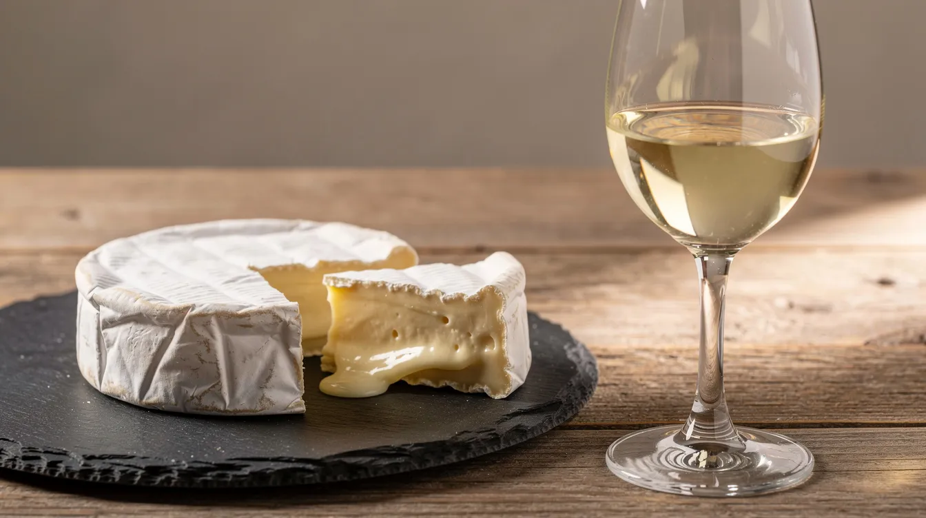 Ein aufgeschnittener Camembert mit seiner cremigen Textur liegt neben einem Glas hellen Weißweins, das auf einer eleganten Schieferplatte präsentiert wird. Diese Kombination aus Käse und Wein lädt Feinschmecker ein, die harmonischen Aromen und Geschmacksnuancen zu entdecken.