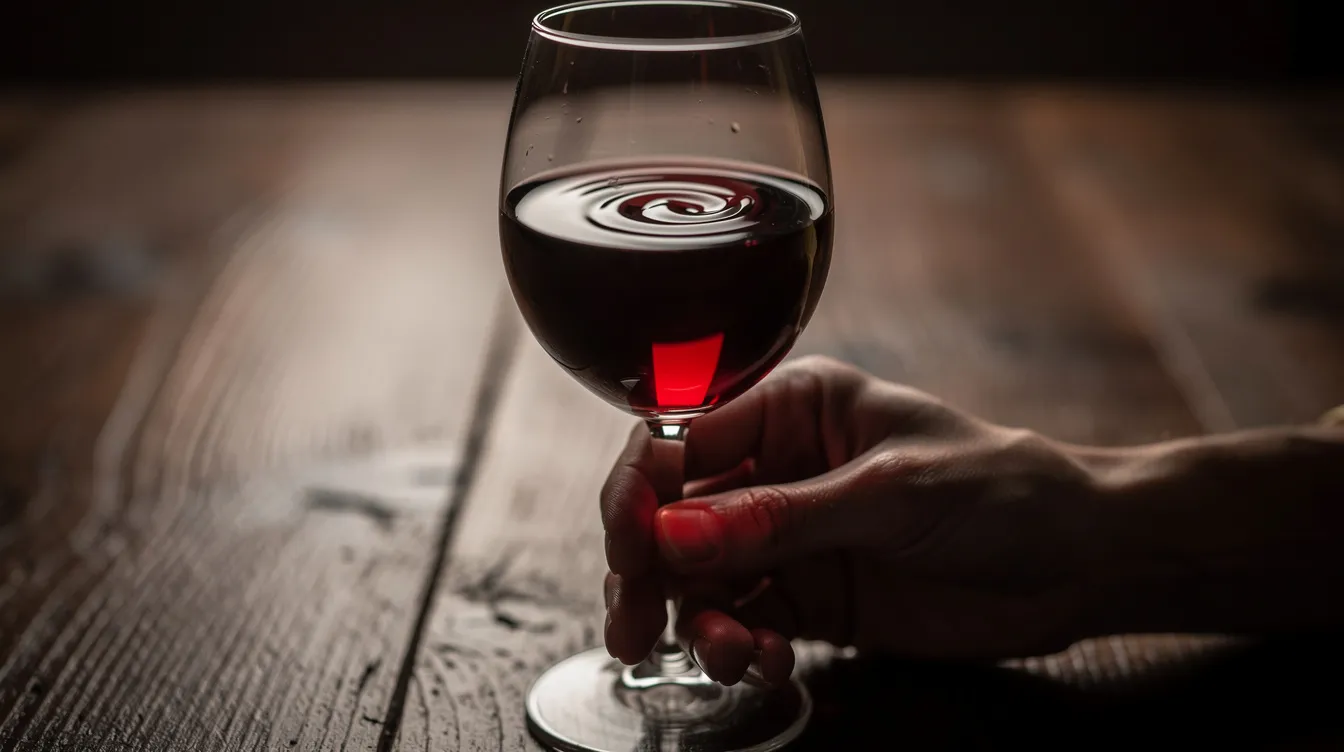 Eine Hand hält ein Weinglas am Stiel auf einem dunklen Holztisch, während der Wein sanft geschwenkt wird und dabei die Flüssigkeit in einem eleganten Wirbelbewegung die Glaswand berührt. Diese Technik der Belüftung ermöglicht es, die Aromen und Duftstoffe des Weins besser wahrzunehmen.