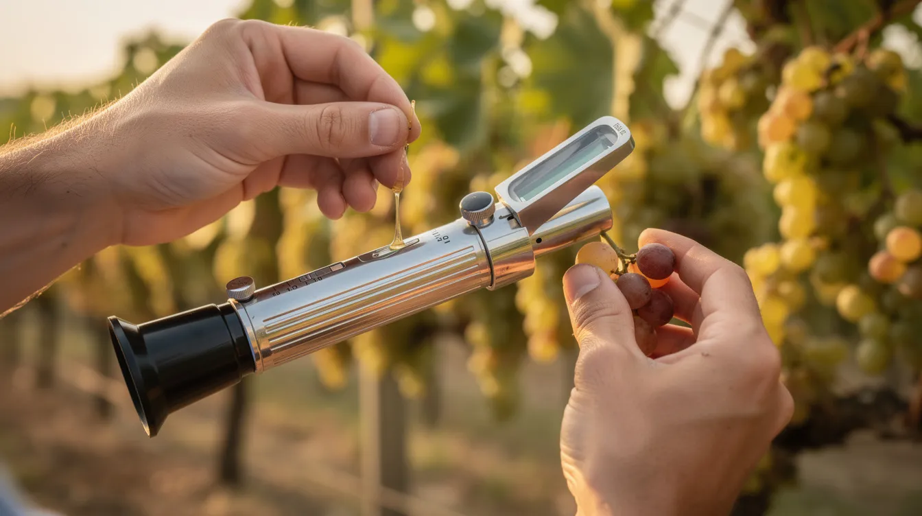 Die Nahaufnahme zeigt ein Refraktometer, das ein Winzer verwendet, um den Zuckergehalt reifer Trauben im Weinberg zu messen. Diese Messung ist entscheidend für die Bestimmung des Reifegrads und die Qualität des späteren Weins, insbesondere für die Prädikatsweine wie Kabinett oder Auslese.