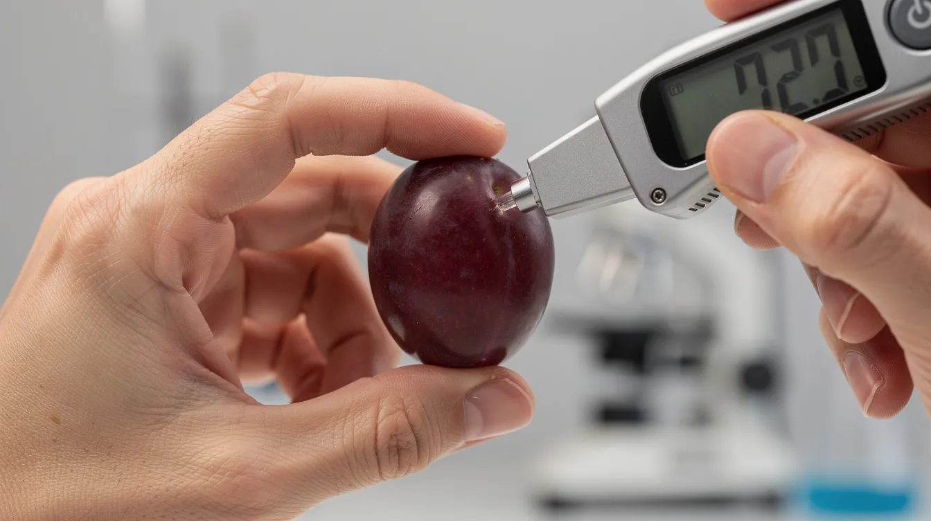 Eine Nahaufnahme zeigt eine Hand, die mit einem kleinen Messgerät den Zuckergehalt einer reifen Traube prüft, um den optimalen Zeitpunkt für die Weinlese zu bestimmen. Diese Beobachtung ist entscheidend für die Qualität der Trauben und den späteren Jahrgang des Weins.