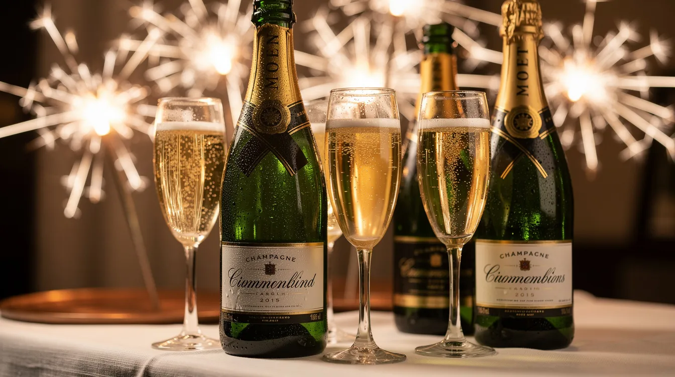 Auf dem Tisch stehen elegant angeordnete Champagnerflaschen und Sektgläser, während im Hintergrund funkelnde Wunderkerzen für festliche Stimmung sorgen. Diese Szene ist perfekt für eine Silvesterfeier, bei der Freunde und Familie gemeinsam auf den Jahreswechsel anstoßen.