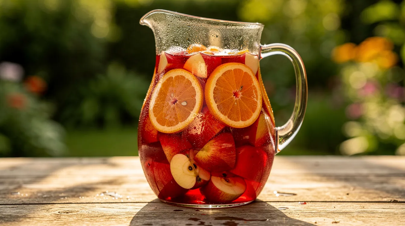 Ein gläserner Krug mit roter Sangria steht auf einem sonnigen Holztisch im Garten, gefüllt mit frischen Früchten wie Orangenscheiben, Zitronenscheiben und Apfelstücken. Dieses erfrischende Sommergetränk ist ideal für gesellige Runden und eignet sich hervorragend für die Zubereitung von Sangria selber.